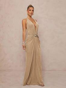 Lumalex Champagne Gold Summer Elegant Dining Women Dress,Halter Neck Deep V Plunge Ruched Crystal Shell Brooch Backless Bodycon Maxi Metallic Party Wedding - Apricot - View 6