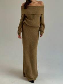 Aloruh 秋冬新款燕麦色露肩灯笼袖修身套头针织毛衣和加长美人鱼下摆中裙套装 - 杏色 - 查看 5