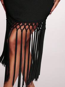 Radiana Women's Summer Boho Apricot Crochet Flowy Tassel Hem Dress, Vacation/Holiday/Beach Outfit - Black - View 7