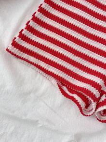 SHEIN 少女度假条纹针织红白针织褶皱面料抹胸吊带领蝴蝶结连体裤，舒适贴身，适合派对、情人节，可作为内衣或外套穿着 - 紅白色 - 查看 6