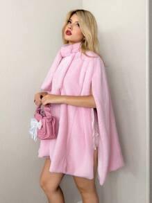 Sweetina Oversized Faux Fur Cloak Coat, Solid Color Fluffy Fashion Jacket In Fall/Winter - Pink - View 5