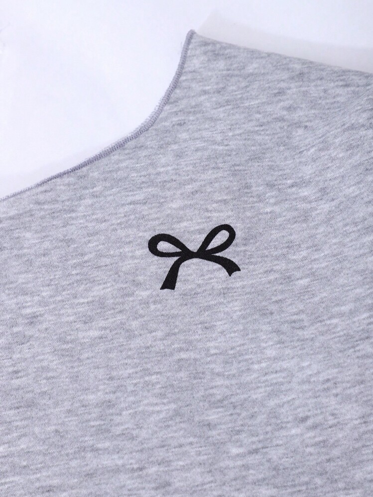 青少年女孩蝴蝶结印花不对称露肩不对称下摆休闲运动衫 - 灰色 - 查看 6