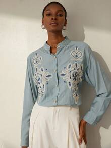 Aveloria Modichic 休闲风格刺绣法式优雅长袖女式衬衫 - 淺藍色 - 查看 6