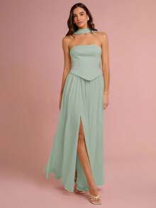 Enchnt Váy Bandeau nhún bèo xẻ cao thời trang nữ lãng mạn thường ngày - Màu xanh Bạc hà - Xem 6