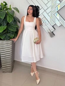 Andrea Bello Đầm suông không tay cổ tim buộc dây sau lưng cho nữ - trắng - Xem 5