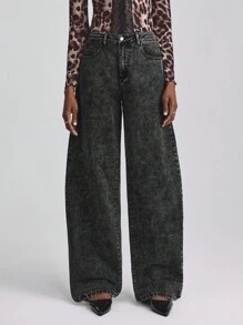 SHEIN Essnce 女式休闲宽松口袋牛仔阔腿牛仔裤 - 黑色 - 查看 5