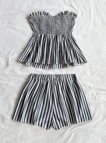 Soleia Bộ 2 món/Bộ đồ nữ áo hai dây buộc trước họa tiết sọc và quần short thường ngày, trang phục đi biển mùa hè cho kỳ nghỉ, bộ đồ đi biển 2 món, bộ đồ ngắn cho nữ, bộ đồ đi biển 2 món cho nữ mùa hè - Đen và trắng - Xem 2