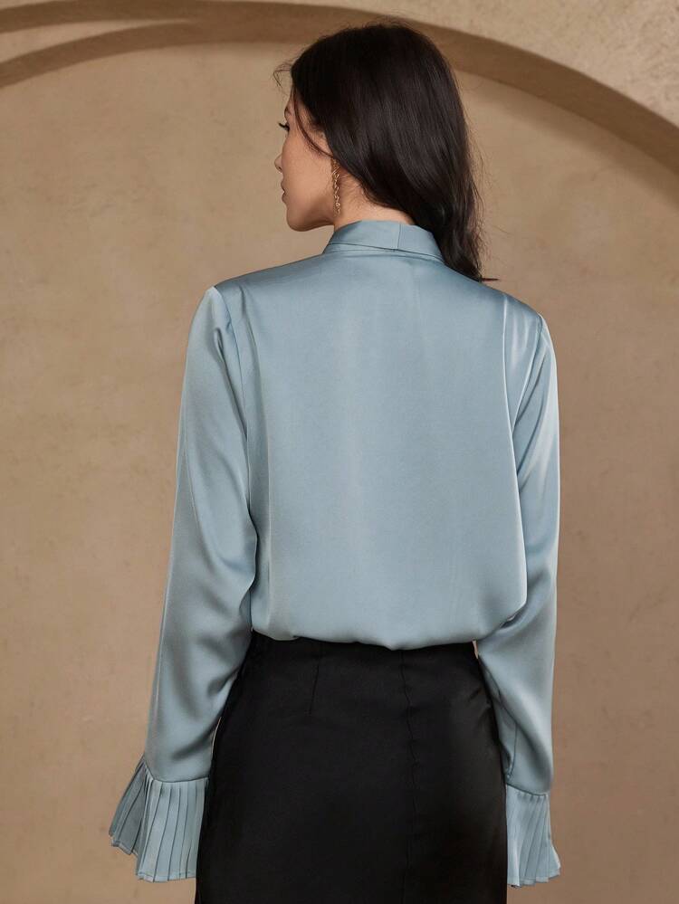 Women's Casual Solid Color Ribbon Collar Shirt, Autumn,Fall Women Clothes Long Sleeve Top