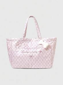 ROMWE Kawaii Stylish Pink Rhombus Pattern Letter & Bow Decor Rhinestone Accented Portable Shoulder/Handbag, Large Capacity Versatile Design Suitable For Holiday, Social, Shopping, Photography - Pink - View 1