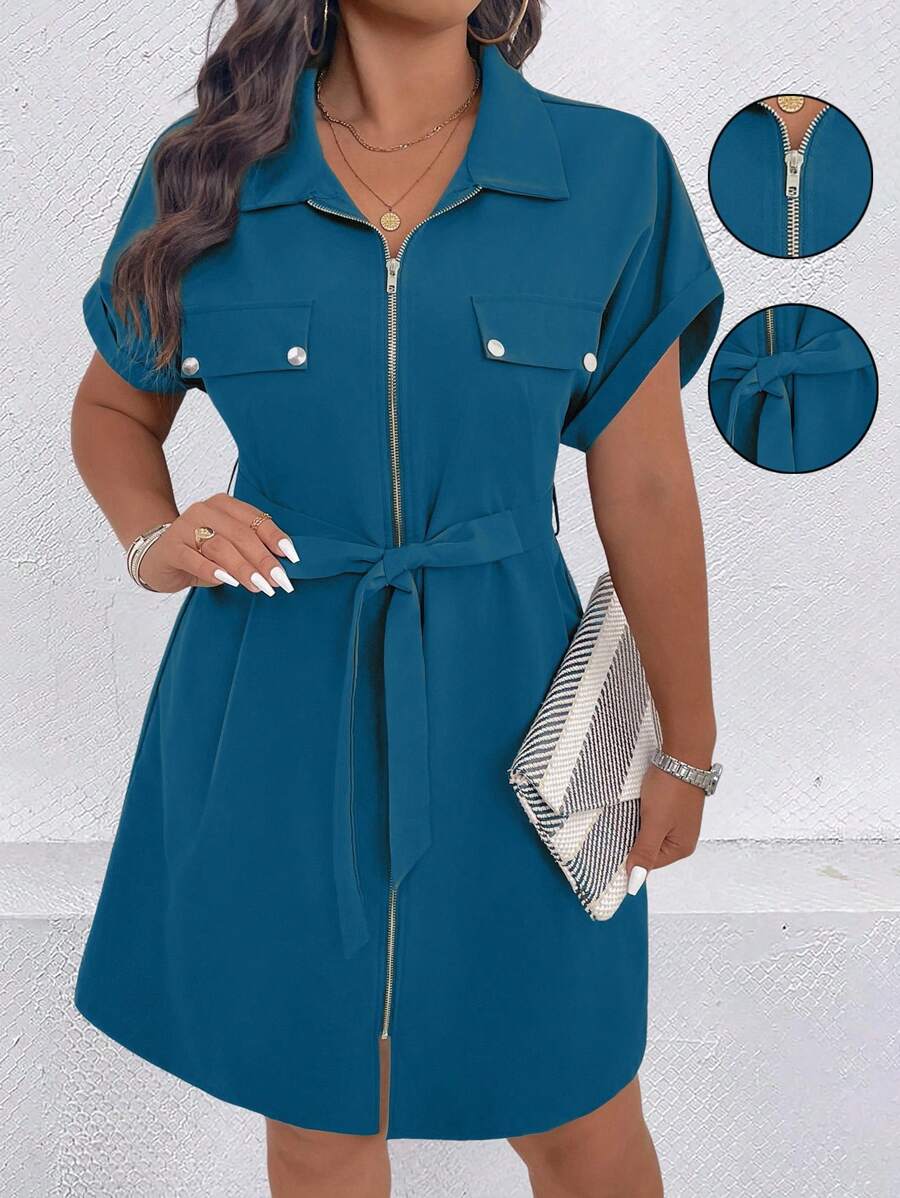 SHEIN LUNE Plus Size Women's Solid Color Batwing Short Sleeve Zipper Front Casual Dress
