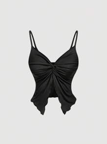 SHEIN MOD Áo hai dây xoắn trơn màu thanh lịch dành cho nữ mùa hè - Màu be - Xem 5