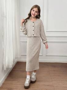SHEIN Serisse Kids Tween Girl Casual Chic French Elegant Ribbed V-Neck Long Sleeve Fitted Cardigan Jacket With Slim Fit Maxi Dress Set, Suitable For Weekend, Casual Outing, Back To School, Tween Matching Set Knit, Knit Two Piece Set, Casual Two Piece Set, Girls Ribbed Set, Girl Knit Set Fall Winter