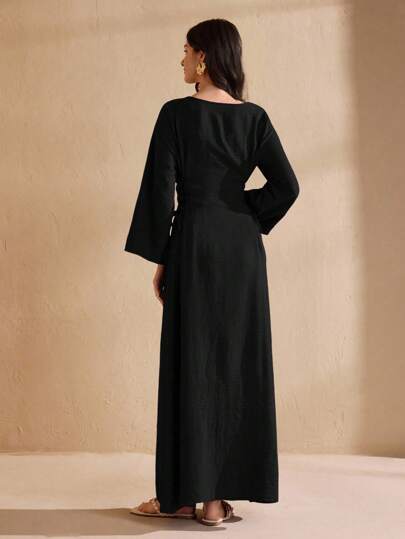 Graceveil Women's Solid Color Minimalist Daily Wear Round Neck Long Sleeve Dress