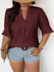 SHEIN Frenchy Plus Size Casual Solid Color Notched Neck Shirt