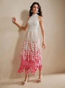 Anewsta 女装春夏音乐节挂脖镂空新款针梭织拼布流苏粉杏色无袖连衣裙 - 彩色 - 查看 5