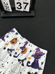 Conjunto de pijama de pantalón y manga corta con estampado de dibujos animados naranja de Halloween para niñas pequeñas - Multicolor - Ver 7
