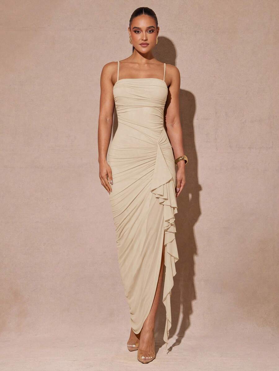 Silquee 优雅的鼠尾草绿色浪漫荷叶边袖高开衩长裙，女士蕾丝紧身派对礼服，适合情人节、约会、婚礼、舞会 - 杏色 - 查看 1