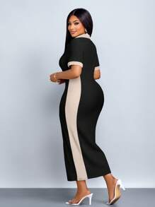 SOLERSUN “女式大码夏季休闲优雅简约基本款新款翻领V领短袖修身长裙黑杏色针织面料中长连衣裙” - 黑色 - 查看 2