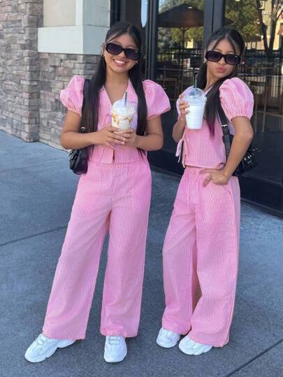 SHEIN Nova Glow Tween 女童休闲蝴蝶结泡泡袖衬衫和条纹宽松裤套装，适合春季外出、度假、乡村风格
