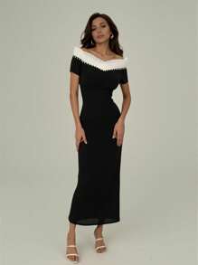 Modelyn Vestido largo ajustado con detalle de volantes de cuentas y hombros descubiertos - Negro - Ver 8
