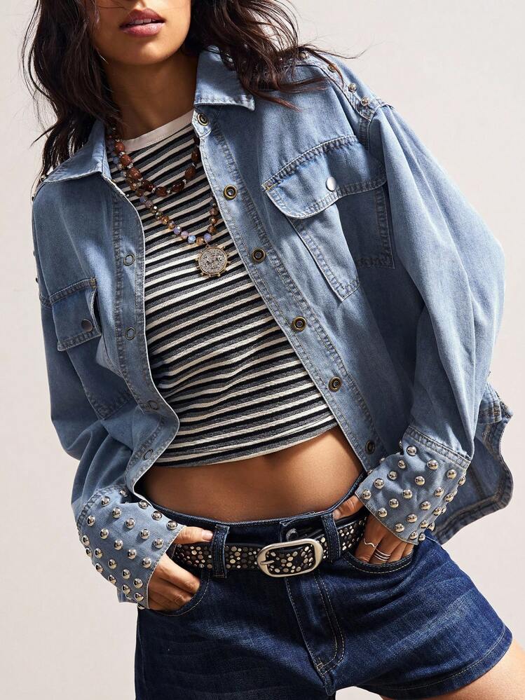 Bohemela 波西米亚风西部牛仔乡村度假休闲纯色铆钉编织牛仔夹克 - 淺藍色 - 查看 2