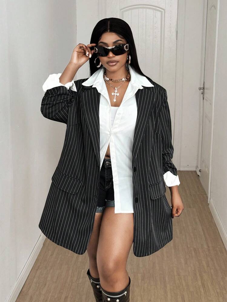 Maweii Plus-Size Women's New Year Striped Blazer Jacket - Dark Grey - View 3