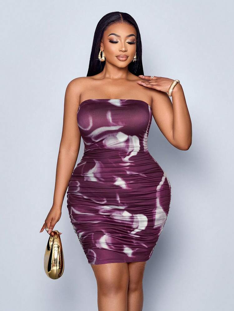SOLERSUN Plus Size Women Marble Printed Strapless Bodycon Party Dress For Women (Random Floral Print) - Burgundy - View 6