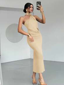 Firerie 女式摩卡棕色不对称喇叭袖宽松连衣裙，时尚长裙，春夏服装，适合通勤、优雅、性感、度假、海滩、波西米亚、夏威夷、音乐节、派对、工作装 - 卡其色 - 查看 7