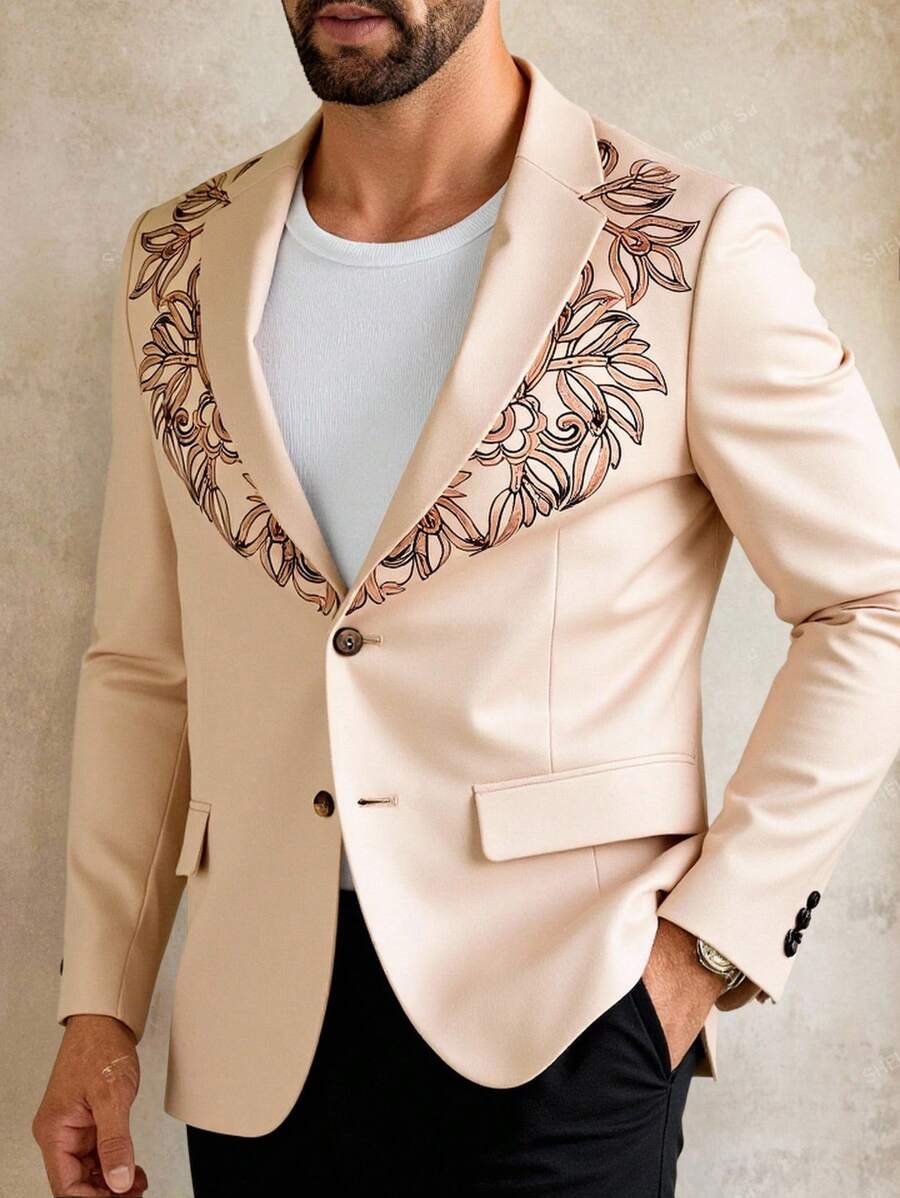 Manfinity VCAY 复古印花宽松休闲西装外套，男士春秋季奶油色西装男士米色西装男士时尚西装外套男士婚礼夹克男士刺绣西装外套，秋冬