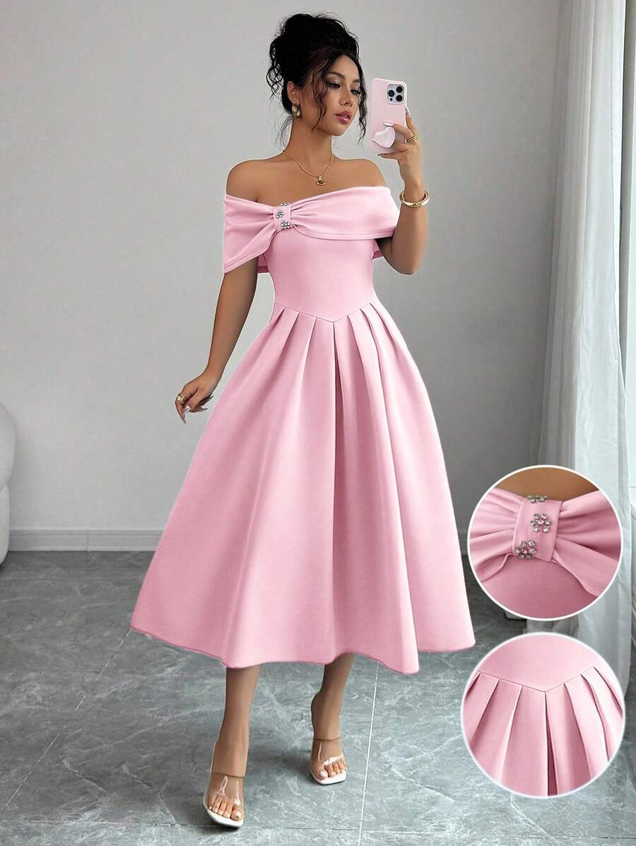 Selianne Đầm midi xòe tay ngắn hở vai đính đá thời trang dành cho nữ - Hồng - Xem 1