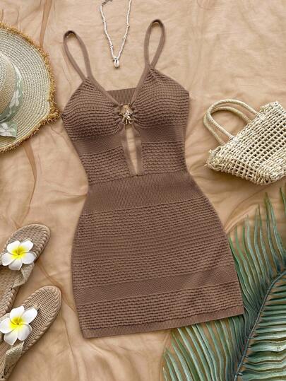 Soleia Metal Starfish Decor Spaghetti Strap Tie Hollow Out Fitted Women Knit Dress, Suitable For Vacation, Music Festival, Bohemian, Holiday, Date, Afternoon Tea, Beach