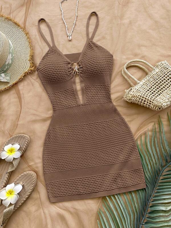 Soleia Vestido de punto ajustado con tirantes de espagueti y diseño calado con decoración de estrella de mar de metal, adecuado para vacaciones, festivales de música, estilo bohemio, días festivos, citas, tardes de té, playa