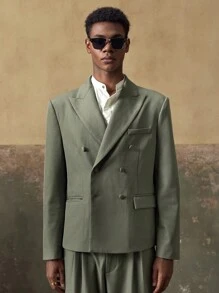 AKNOTIC Business Casual 2pcs Men's Woven Casual Loose Fit Long Sleeve Jacket And Straight Leg Pants Set - Olive Green - View 2