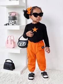 Bubblio Babygirl Cute Black Star Pattern Long Sleeve Top With Elastic Waist Orange Pants 2-Piece Set, Fashionable Outfit For Outings, Autumn/Winter Toddler Orange Outfit Baby 70s Outfit Groovy Toddler Outfit Toddler Black Top Orange Pants Baby Girl Outfits Fall - Multicolor - View 10