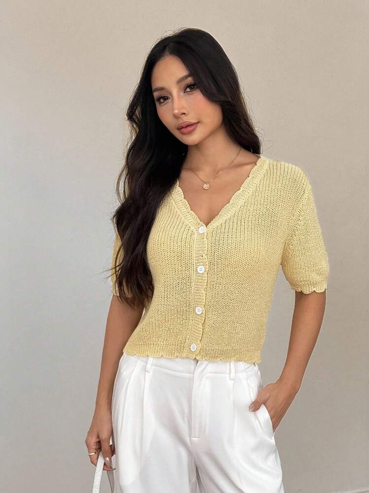 SHEIN PETITE 女士浅黄色短袖羊毛针织开衫 - 黃色 - 查看 5