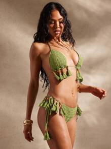 Hauture 性感波西米亚风针织钩针流苏细节比基尼泳裤 - 綠色 - 查看 2