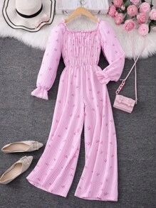 Mädchen Tween Jumpsuit mit Schleife, Streifen-Allover-Muster, Rüschenärmeln, Taillenbindung - Pink - Übersicht 1