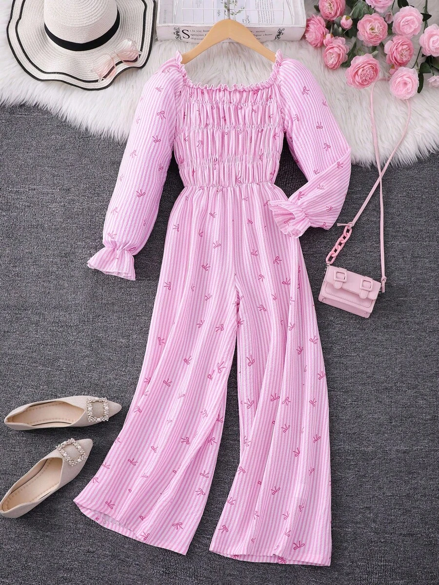 Mädchen Tween Jumpsuit mit Schleife, Streifen-Allover-Muster, Rüschenärmeln, Taillenbindung - Pink - Übersicht 1