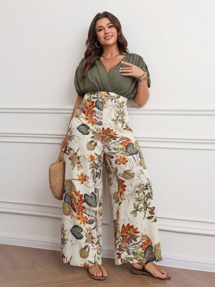 Women's Fashion Casual Elegant Floral Print Patchwork Long Jumpsuit - Green - View 1