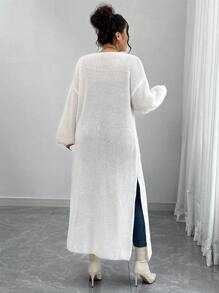 Elenzga 大码女式灯笼袖针织开衫，休闲中长款宽松开襟针织毛衣，秋冬时尚 - 米色 - 查看 2