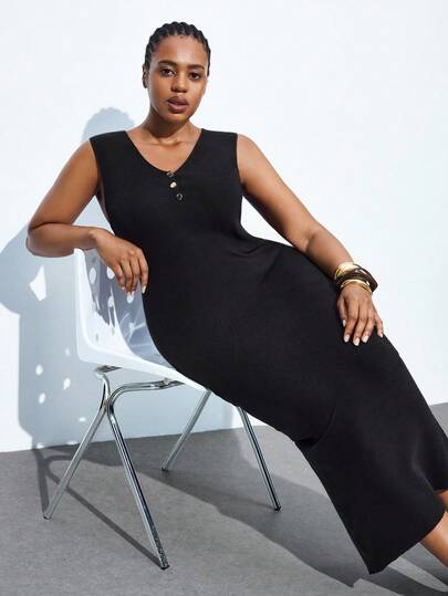 Maija Plus Size Black Autumn Elegant Office Sweater Dress,Women's Classic Retro Versatile Tight Vest Sweater Dress,Old Money Business Casual Tops