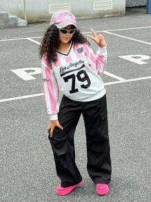 SHEIN Explorewe Streecool Tween Mädchen V-Ausschnitt rosa gestreifter Patchwork Langarm Sweatshirt mit Seitentasche und Cargohose 2-teiliges Set, modisch für Schule, Campusaktivitäten, Sport