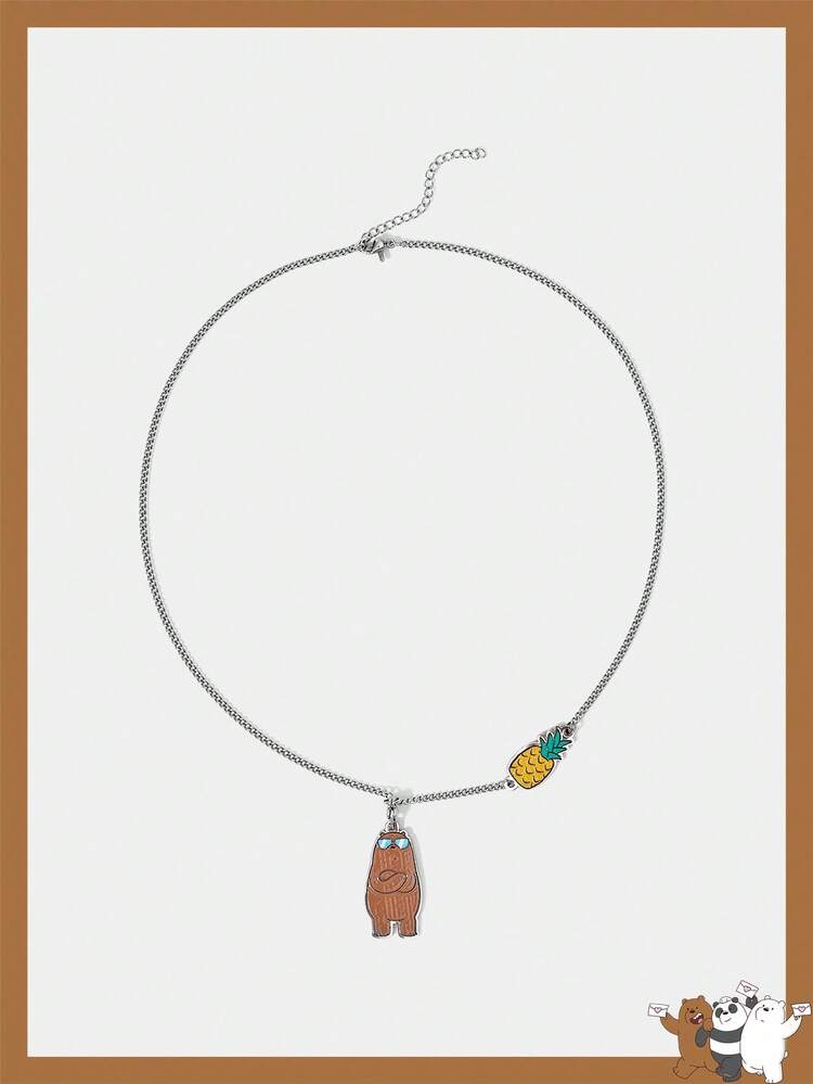 We Bare Bears X SHEIN Women's Cute Bear & Pineapple Pattern Charm Chain Necklace - Multicolor - View 1