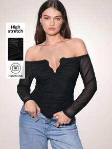 Maija Women's Elegant Ruched Neckline And Mesh Long Sleeve Plus Size Bodysuit - Black - View 1