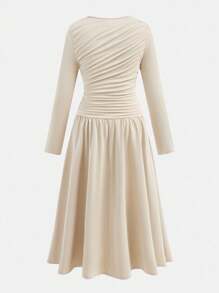 SHEIN 青少年女孩纯米色褶皱长袖长裙，休闲日常秋冬秋季优雅连衣裙 - 杏色 - 查看 3