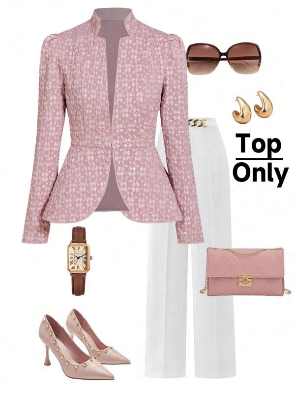 Ellevyn 女士腰部收紧浪漫提花粉色西装外套，适合所有季节