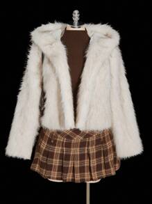 SHEIN ICON 加大码白色仿毛兔耳连帽蓬松大衣，甜美 Y2K 风格 - 白色 - 查看 3