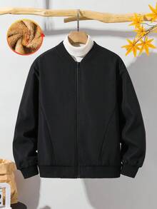 SHEIN Tween Boy Thermal Lined Zip-Up Baseball Jacket, Can Be Worn With Halloween Sweatshirt, Fall Sweatshirt, Shirt, Jogger Pants, Suitable For Commuting, School, Casual, Sports, Autumn/Winter