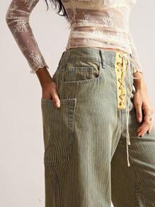 Bohemela Quần jeans nữ dệt sọc thường ngày phong cách BOHO Thu/Đông - Màu xanh lam - Xem 2