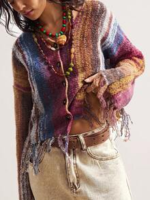 Bohemela Women's Casual Ombre Striped Fringe Hem Cardigan, Suitable For Autumn, Halloween, Christmas,Fall - Multicolor - View 6